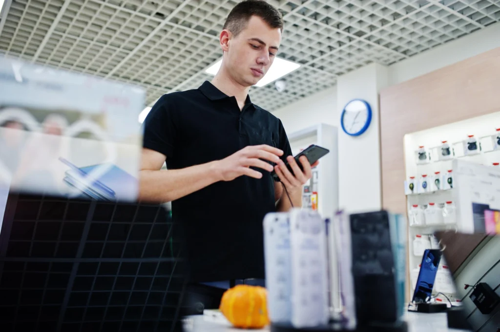 Joven promotor tecnológico en el punto de venta